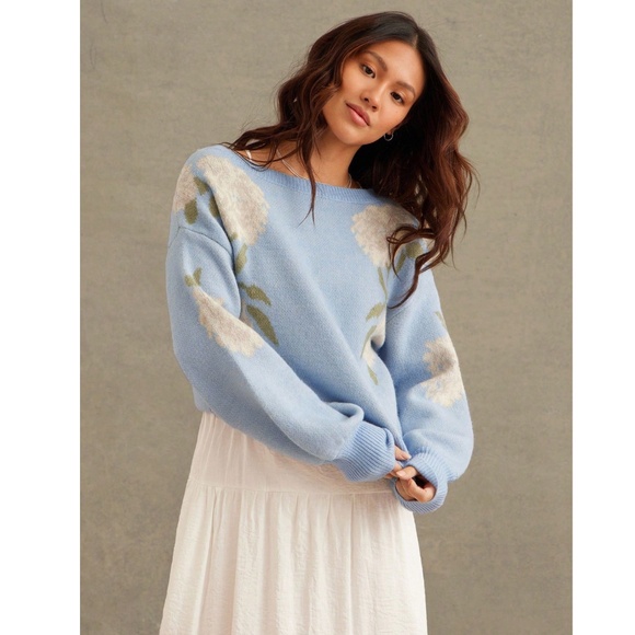 Floral Print Blue Knit Round Neck Long Sleeve Pullover Sweater - Picture 3 of 6